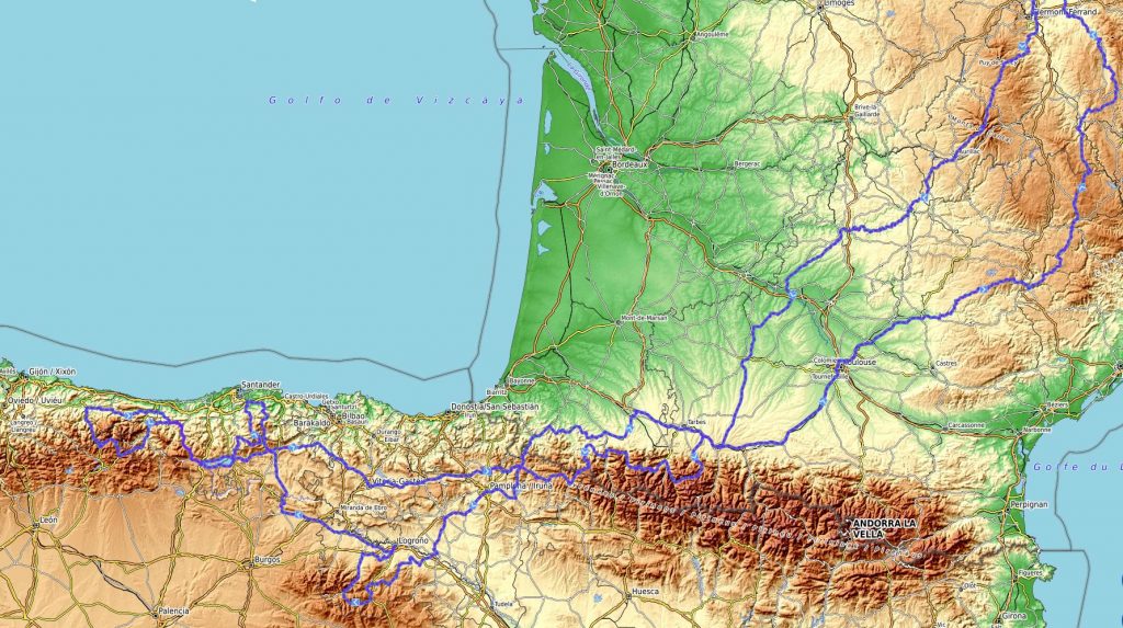 Die Strecke ab und bis Clermont-Ferrand. Bei allen Tagesbeschreibungen findet ihr auch die GPX Dateien der Strecke.